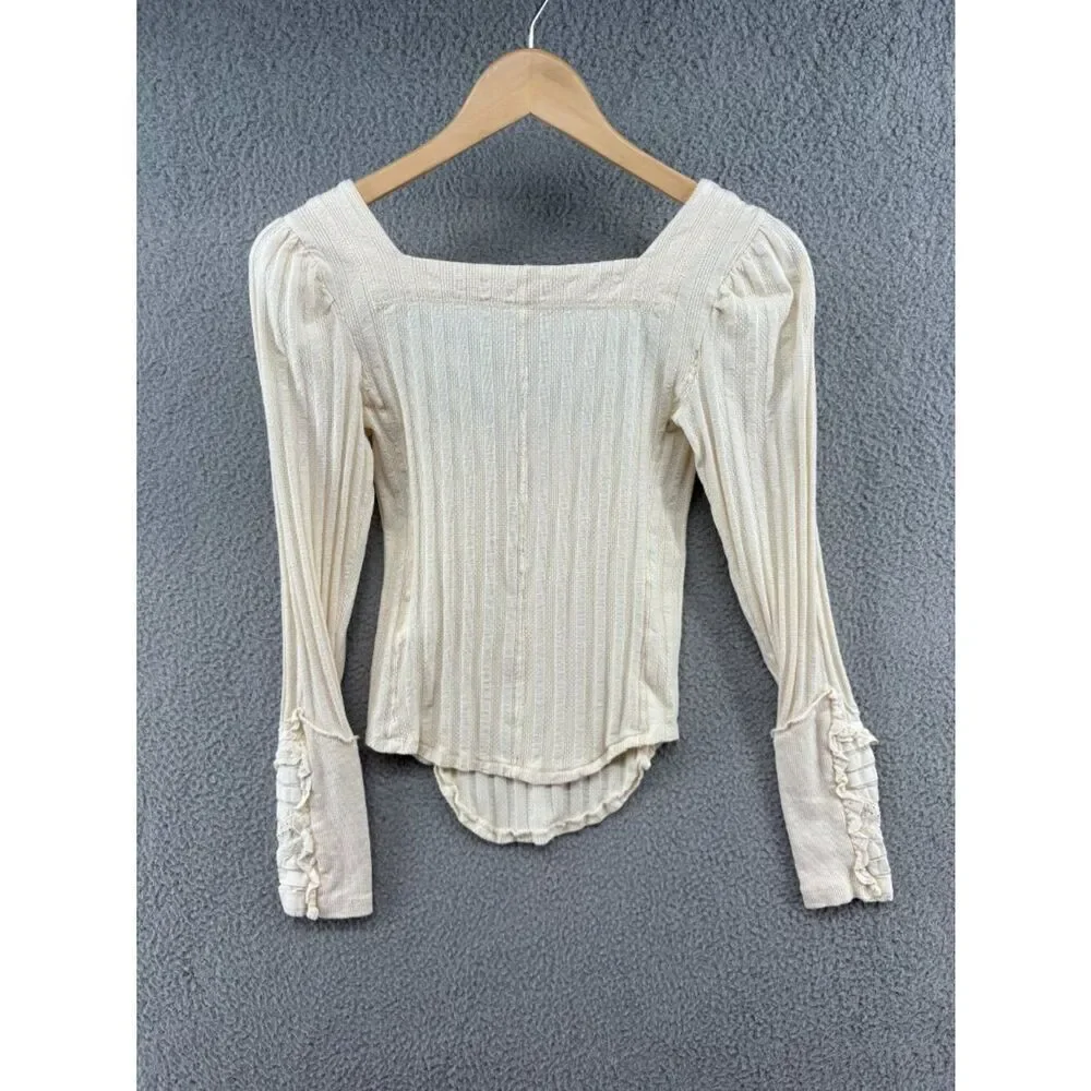 Free People Could I Love You More Ivory Ribbed Lace Cuff Top Small